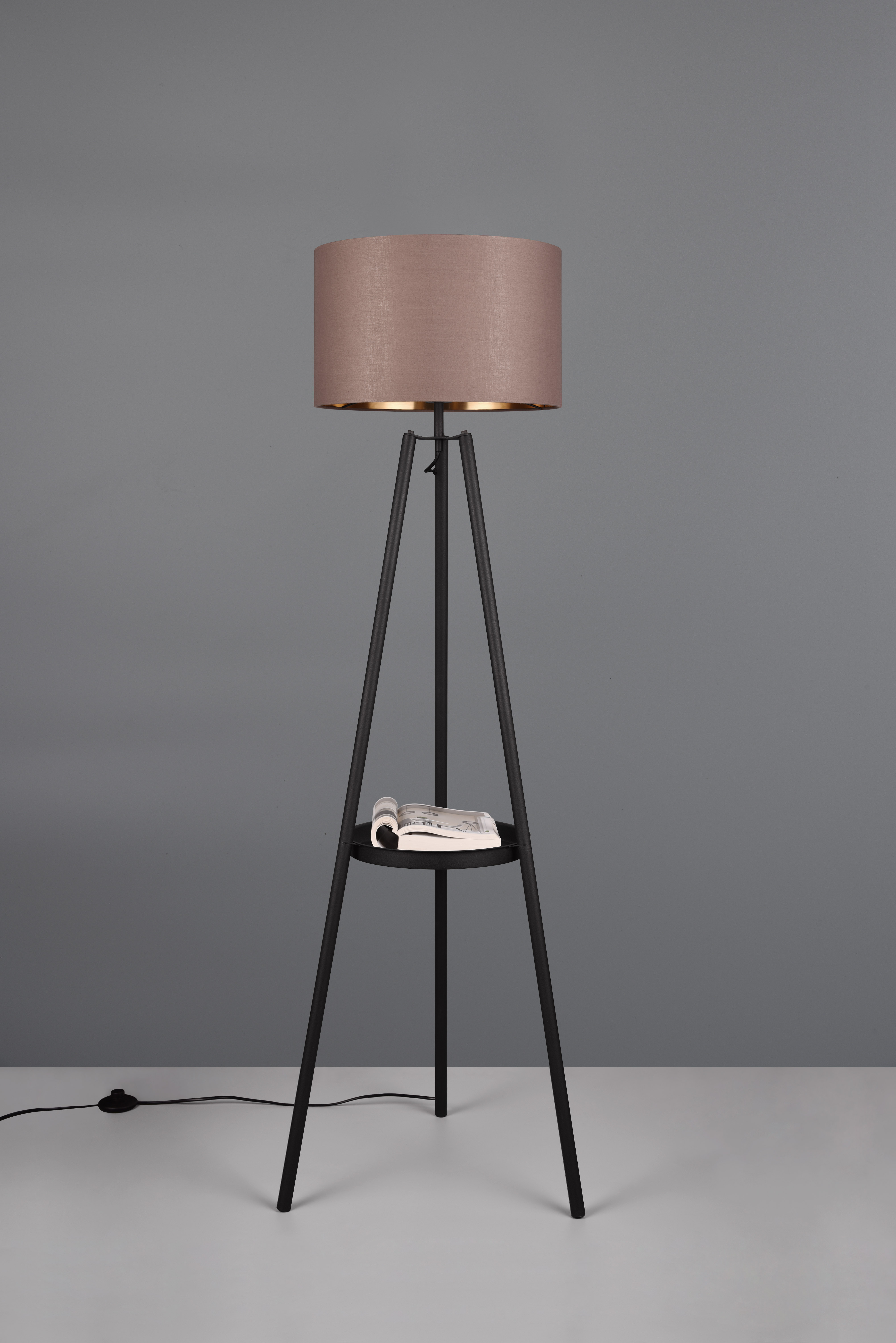COLETTE PIANTANA 3 PIEDI CON TAVOLINO METALLO NERO E PARALUME TORTORA ED ORO H. 153CM