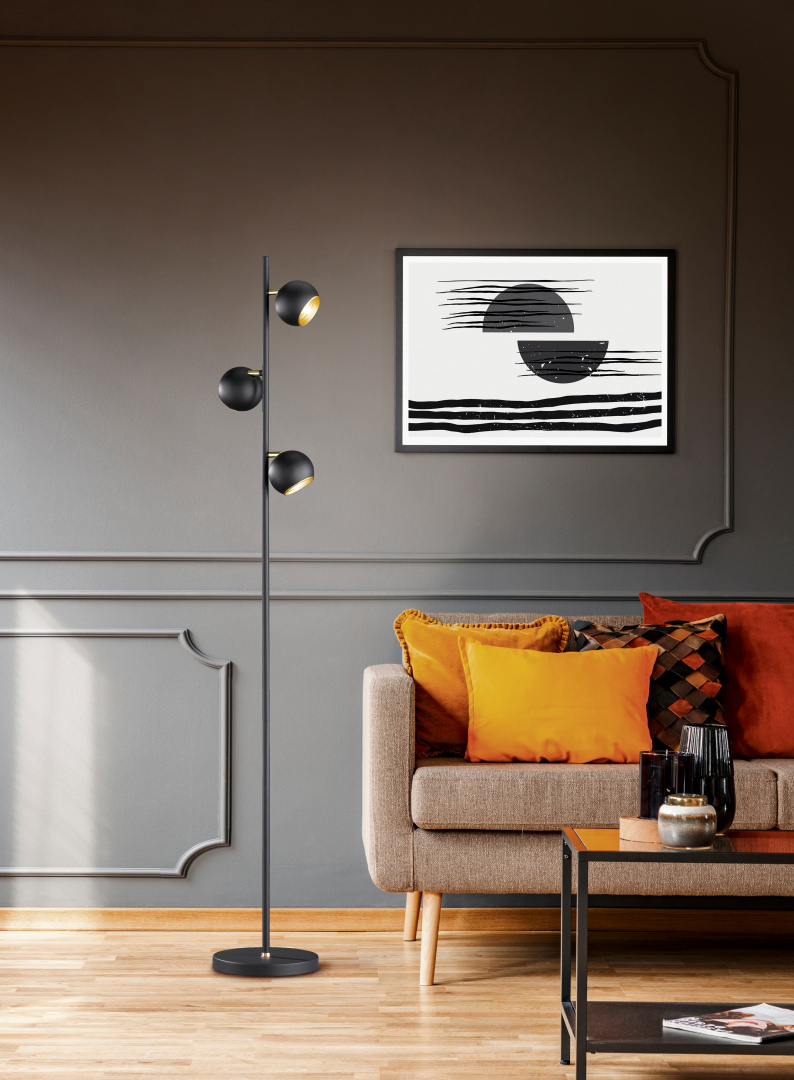 DAKOTA PIANTANA METALLO NERO E ORO CON 3 DIFFUSORI ORIENTABILI COM DIMMER INTEGRATO H. 155CM