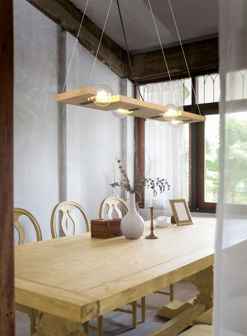 TAILOR SOSPENSIONE LEGNO NATURALE E METALLO ACCIAIO ANTICATO 4 LUCI L. 115CM