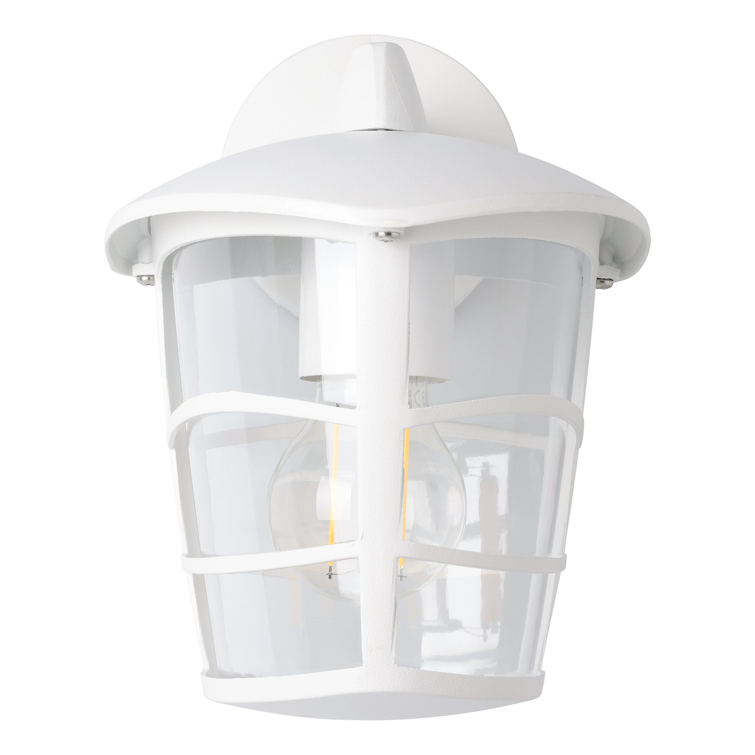 ALORIA - Applique - E27 1X60W - Struttura in alluminio fuso / finitura bianco; Diffusore in plastica / finitura chiaro; Dotazione per installazione angolare  ; IP44;
L170 x 190 H225