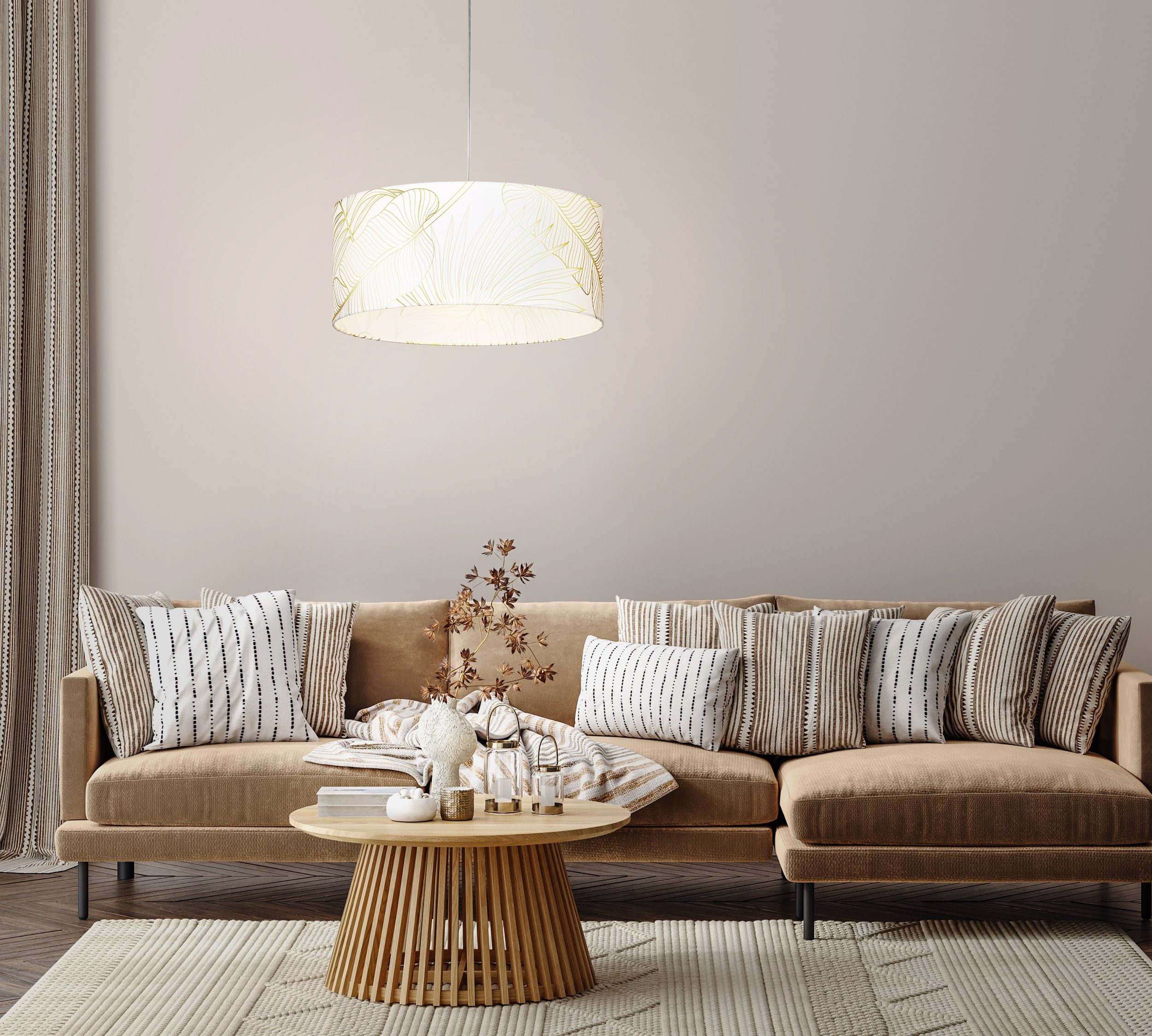 BUCAMARANGA - Sospensione - E27 1X40W - Struttura in acciaio / finitura bianco; Diffusore in tessuto con decori / finitura bianco, oro;
Ø530 H1100